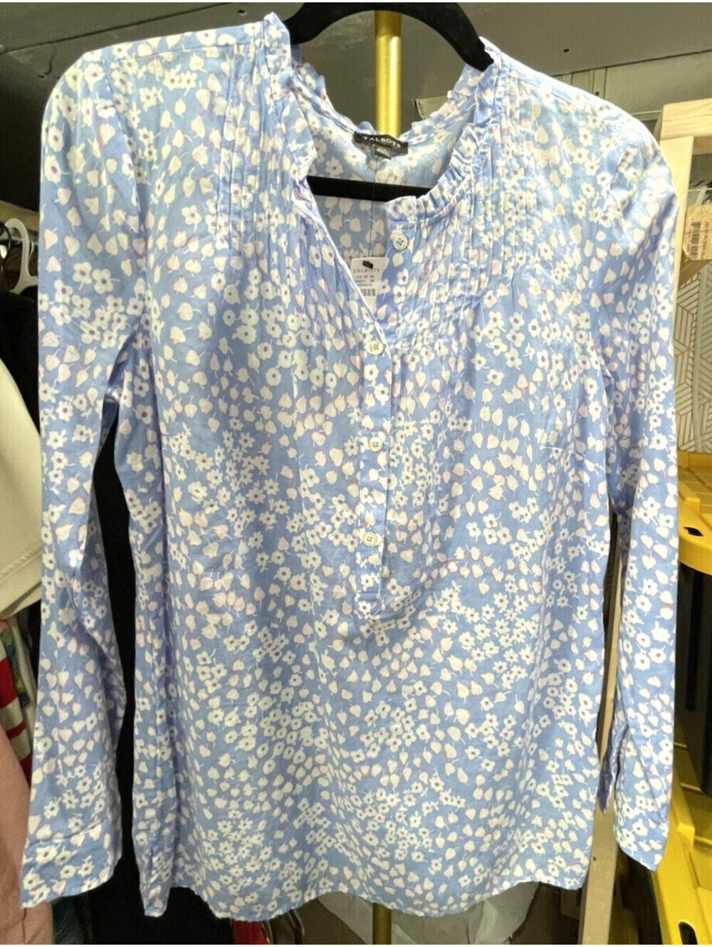 Talbots Ditsy Floral Blouse XS Cottagecore Ruffle Neck Short Puff Sleeve Cotton